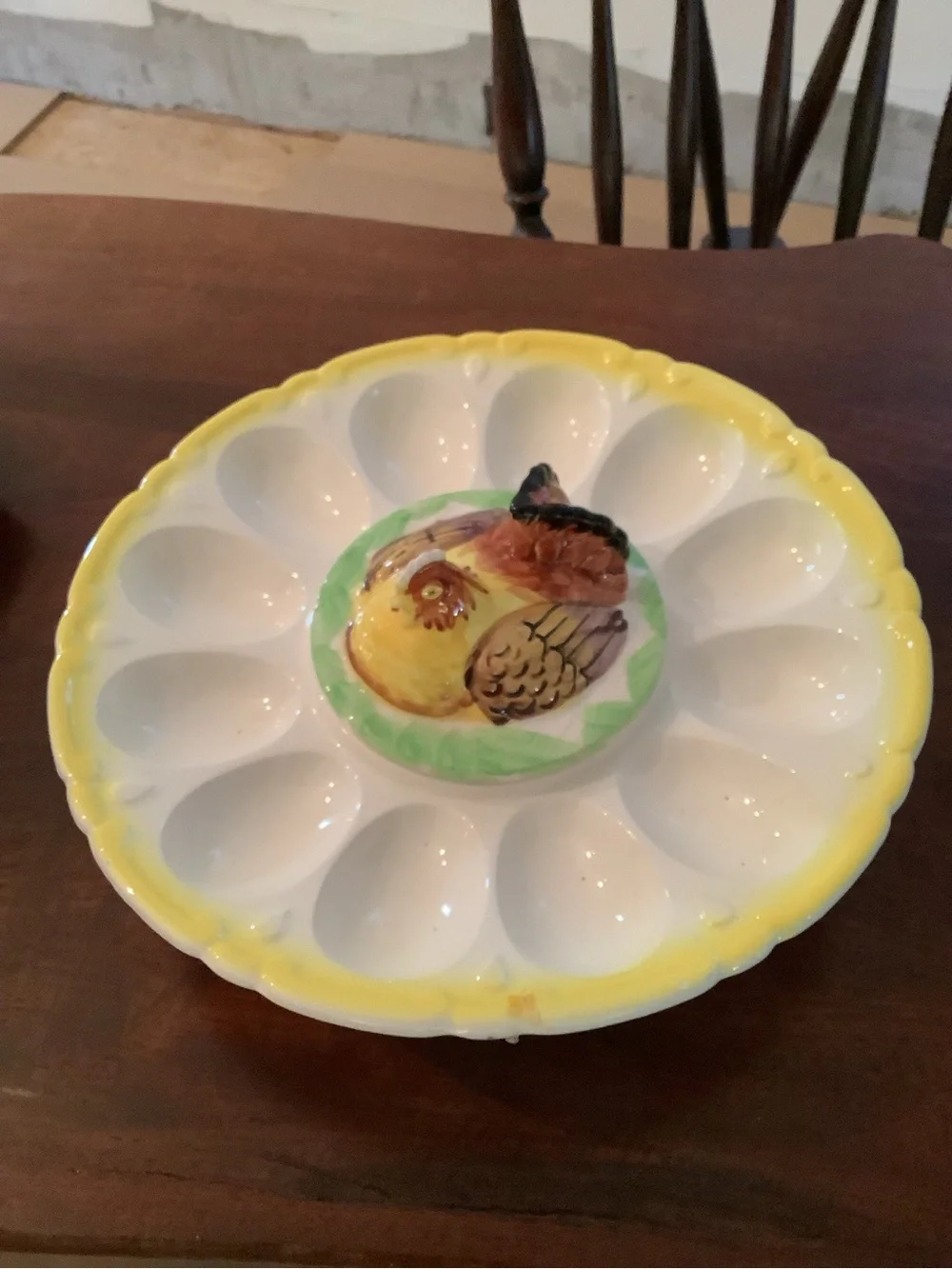 Vintage deviled egg stand with hen toothpick holder